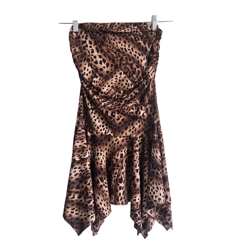 Vtg Y2K Forever 21 Medium Tube Dress Women Brown Leopard Ruched Handkerchief Hem